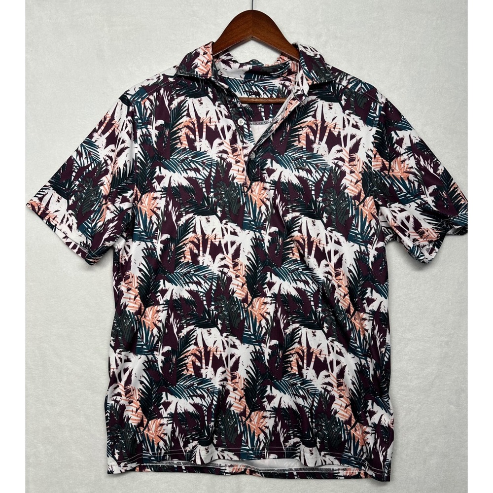 Cinch ArenaFlex Mens Small Tropical Palm Print Polo Shirt Burgundy Teal‎ Stretch